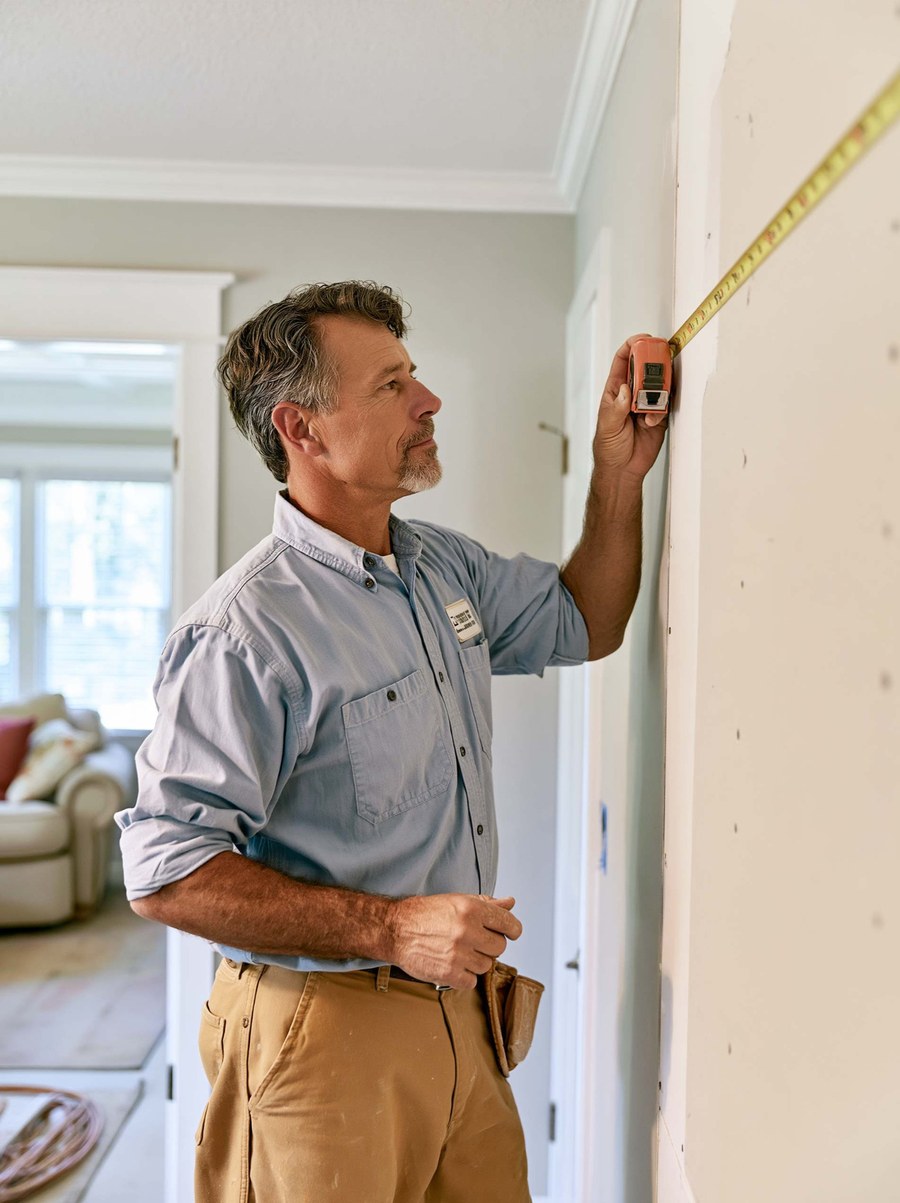 A contractor measuring an interior wall with a tape measure.