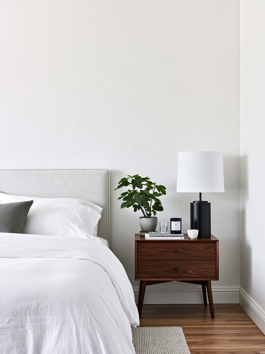 A lightly textured bedroom wall beside a bed and nightstand.