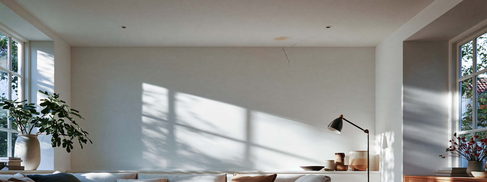 A small stain and crack near the ceiling of a sunlit living room.